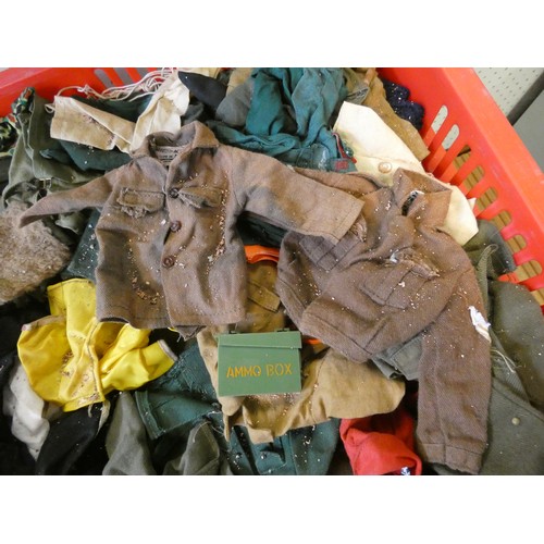 538 - A large quantity of vintage Action Man outfits, toys, kayak, boat all contained within two plastic c... 