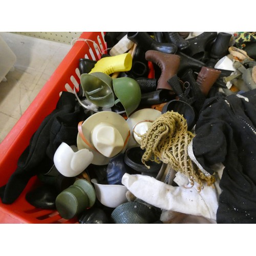 538 - A large quantity of vintage Action Man outfits, toys, kayak, boat all contained within two plastic c... 