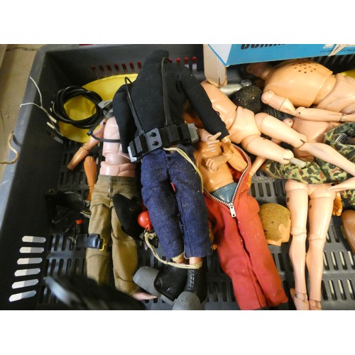 538 - A large quantity of vintage Action Man outfits, toys, kayak, boat all contained within two plastic c... 