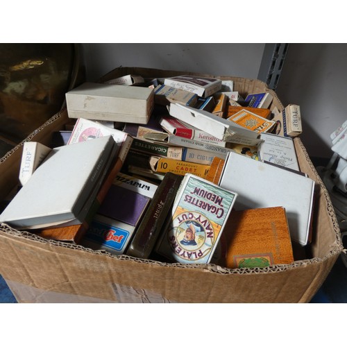 446 - Large quantity of vintage cigarette packets, brass lamp, pictures and prints