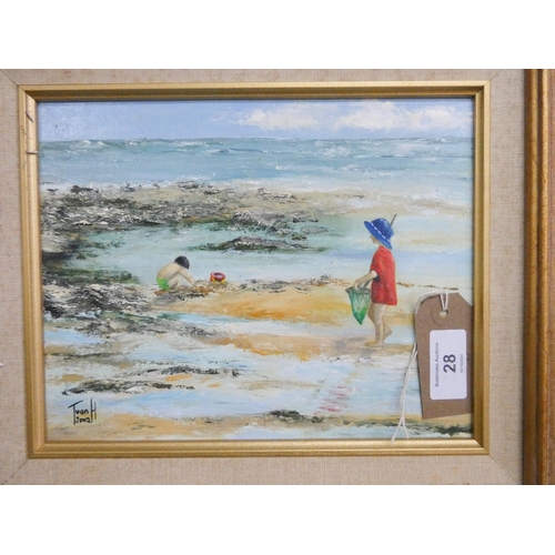 28 - A gilt framed oil painting of children rock pooling on the beach. Signed Ivan H, 2002