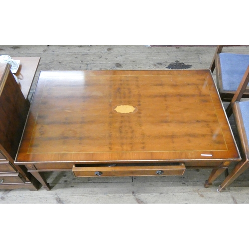 64 - A large tray top inlaid yew wood coffee table fitted one drawer