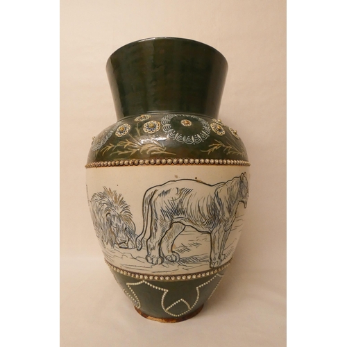 206 - A Doulton Lambeth stoneware vase by Hannah Barlow, the large vase sgraffito decorated with lions wit... 