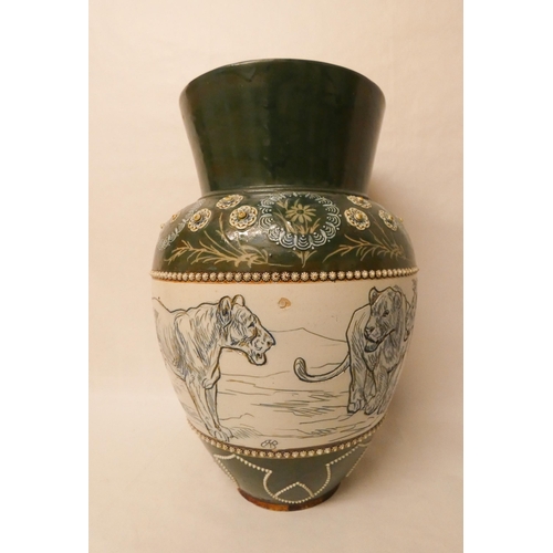 206 - A Doulton Lambeth stoneware vase by Hannah Barlow, the large vase sgraffito decorated with lions wit... 