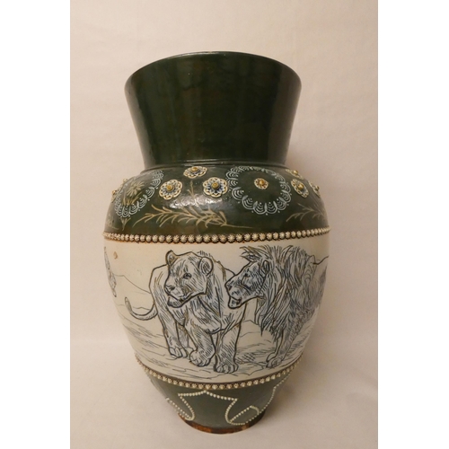 206 - A Doulton Lambeth stoneware vase by Hannah Barlow, the large vase sgraffito decorated with lions wit... 