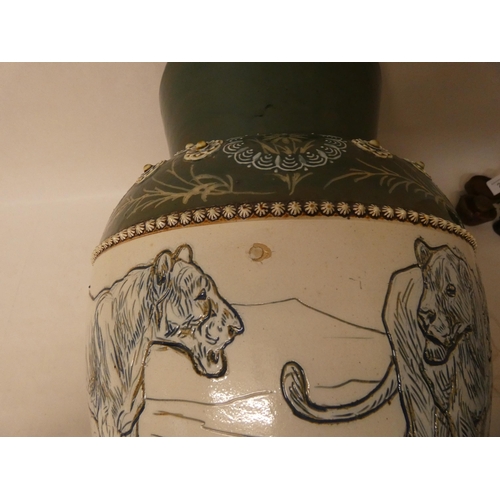 206 - A Doulton Lambeth stoneware vase by Hannah Barlow, the large vase sgraffito decorated with lions wit... 