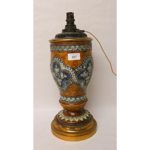 207 - A Doulton stoneware oil lamp base, later converted with electricity with original bakelite fittings.... 