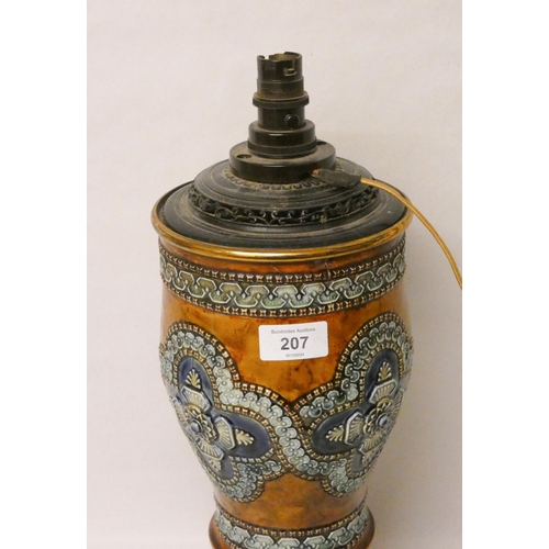 207 - A Doulton stoneware oil lamp base, later converted with electricity with original bakelite fittings.... 