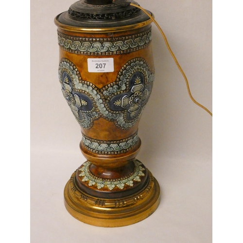 207 - A Doulton stoneware oil lamp base, later converted with electricity with original bakelite fittings.... 