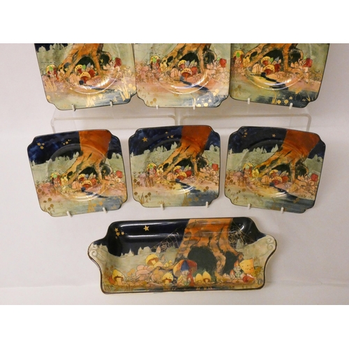 208 - A Charles Noke for Royal Doulton Gnomes sandwich set featuring gnomes hidden amongst tree roots and ... 