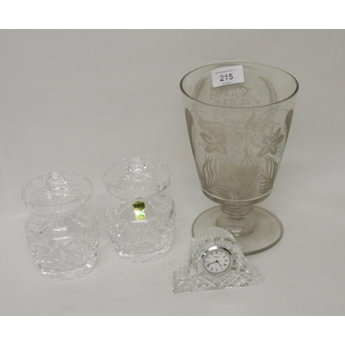 214 - A Victorian engraved celery glass, a Waterford crystal mantel clock and a pair of matching preserve ... 