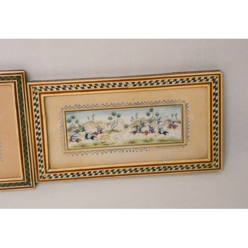 231 - Two Persian miniatures of hunting scenes in traditional chequerboard style frames