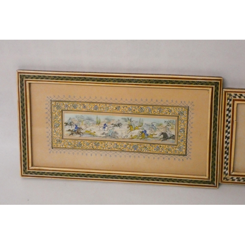 231 - Two Persian miniatures of hunting scenes in traditional chequerboard style frames