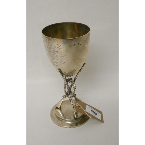 509 - A Victorian silver trophy cup for Sandhoe Rifle Club. Hallmarked London 1862. Gross weight 10.6 troy... 