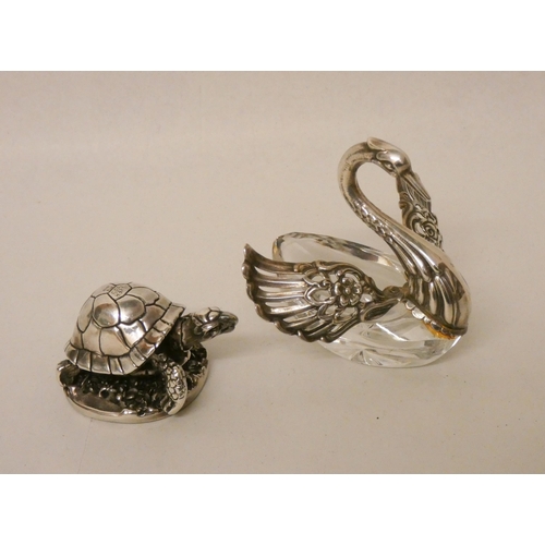 533 - A hallmarked silver covered model of a tortoise and a silver mounted articulated Swan salt cellar.