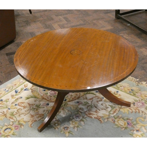 84 - A circular Victorian style inlaid mahogany coffee table on quadruple base. 3' diameter