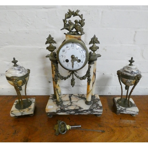 163 - A late 19th Century French three piece clock garniture with striking movement, brass dove mounts sta... 