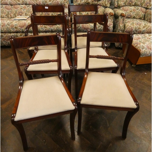 308 - A set of six regency style mahogany sabre leg dining chairs with rope backs and cream upholstered se... 