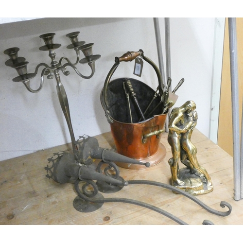 820 - A tall candlestick, brass effect figure, coal scuttle, fire implements, wall sconces etc