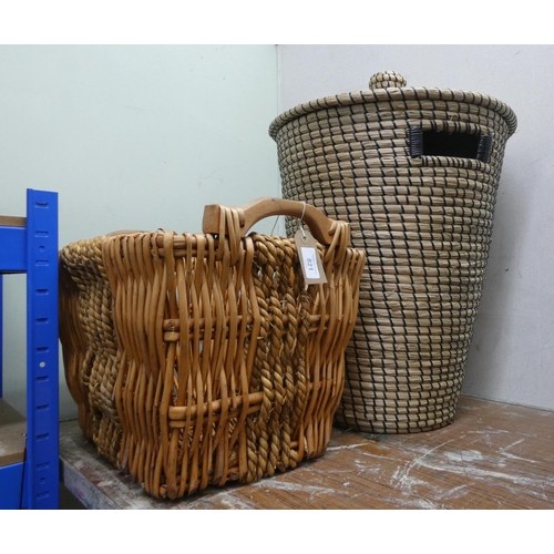 821 - A wicker laundry basket with lid & a wicker basket