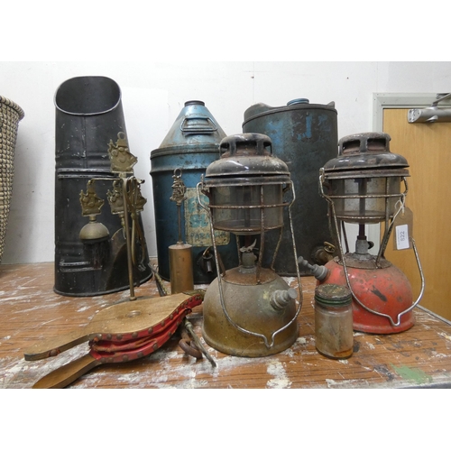 822 - Two old Tilley lamps, old Esso Blue paraffin dispenser, coal scuttle, old oil drum etc