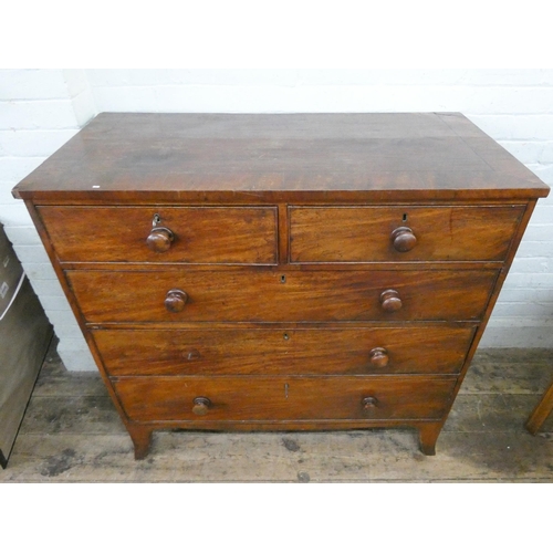 140 - A Victorian mahogany chest of three long and two short drawers with bun handles standing on bracket ... 