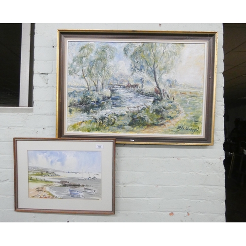 144 - A modern oil painting of a woodland stream scene and another watercolour of a harbour scene