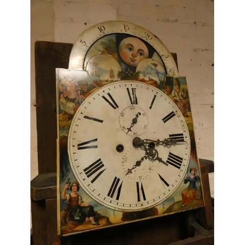 179 - A Yorkshire style Victorian mahogany eight day Grandfather clock with painted arched moon faced dial... 