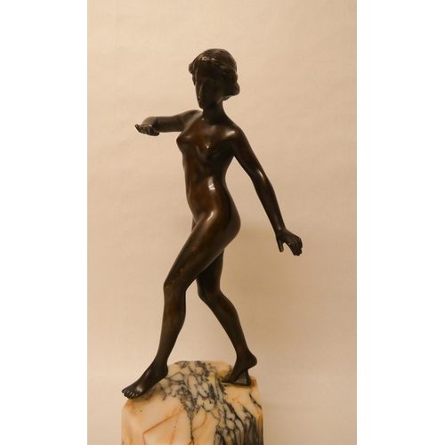 253 - Schumacher Foundry Austrian Art Deco bronze figure of a female nude, the octagonal marble base inset... 