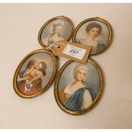 257 - A set of four Italian watercolour portrait miniatures, three of noble ladies and the other of an ero... 