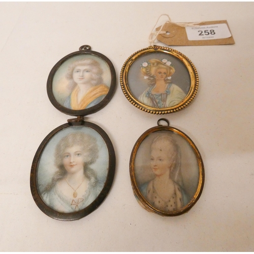 258 - A group of four watercolour portrait miniatures of young ladies, 19th-20th century. Largest measures... 