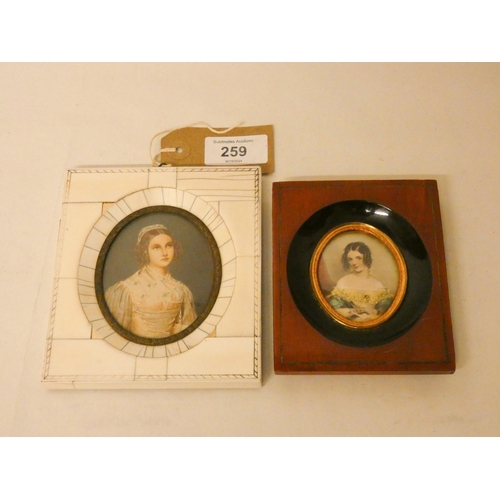 259 - A decorative portrait miniature in bone frame and a smaller portrait miniature of a young lady in wo... 