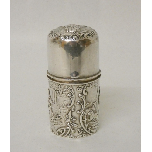 524 - An Edwardian cylindrical Etui or shaving brush holder with domed hinged lid. The body decorated with... 