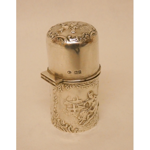 524 - An Edwardian cylindrical Etui or shaving brush holder with domed hinged lid. The body decorated with... 