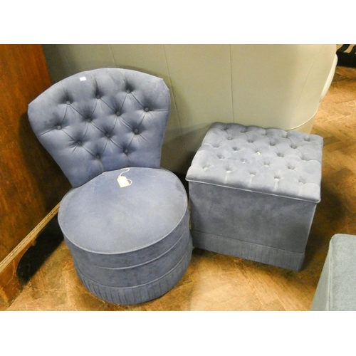 372 - A small blue upholstered button backed bedroom chair and a matching blue upholstered storage ottoman... 