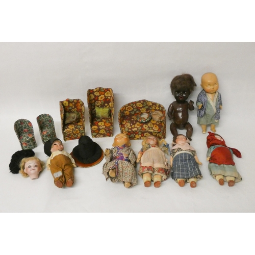 384 - A collection of vintage dolls and fabric covered dolls house furniture