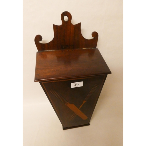 414 - A Victorian mahogany inlaid wall mounting candle box with lifting lid.