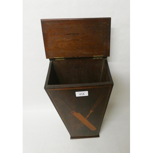 414 - A Victorian mahogany inlaid wall mounting candle box with lifting lid.