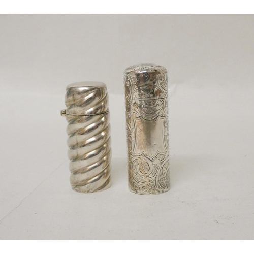 491 - Two Victorian cylindrical silver scent flasks both with hinged lids and glass stoppers. Tallest meas... 