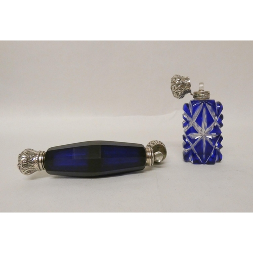 492 - A Victorian double ended Bristol Blue scent bottle 12.5cm long together with a faceted blue flash sc... 