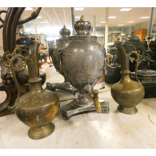 189 - A plated samovar with brass tap and a pair of brass ewers.