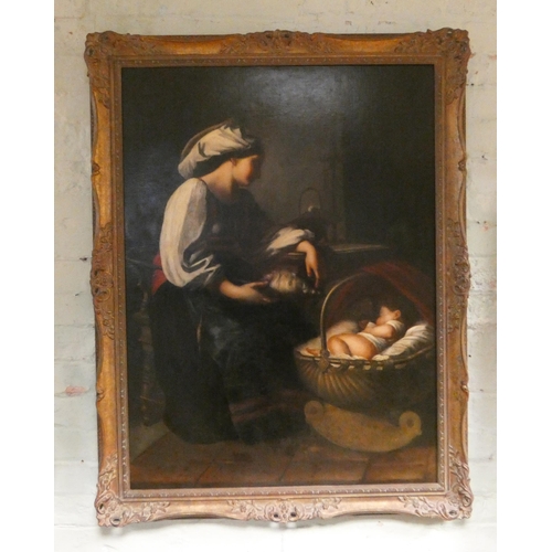 269 - After Guiseppe Mazzolini - Maternal Cares - large oil on canvas of a mother and child, in gilt frame... 