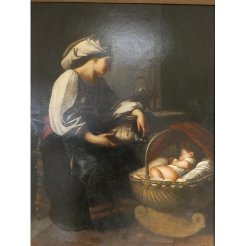 269 - After Guiseppe Mazzolini - Maternal Cares - large oil on canvas of a mother and child, in gilt frame... 