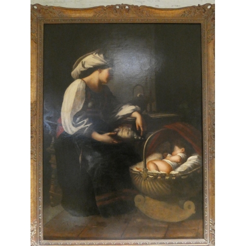 269 - After Guiseppe Mazzolini - Maternal Cares - large oil on canvas of a mother and child, in gilt frame... 