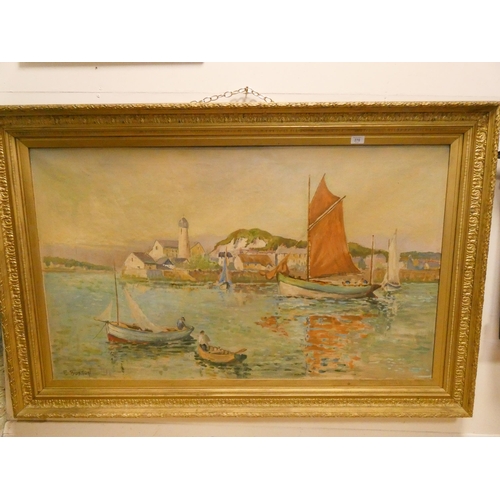 270 - E Buxton - large post impressionist oil on canvas painting of a coastal scene, signed lower left.  G... 