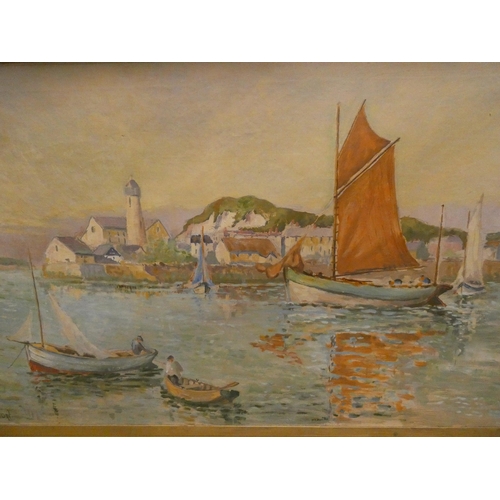 270 - E Buxton - large post impressionist oil on canvas painting of a coastal scene, signed lower left.  G... 