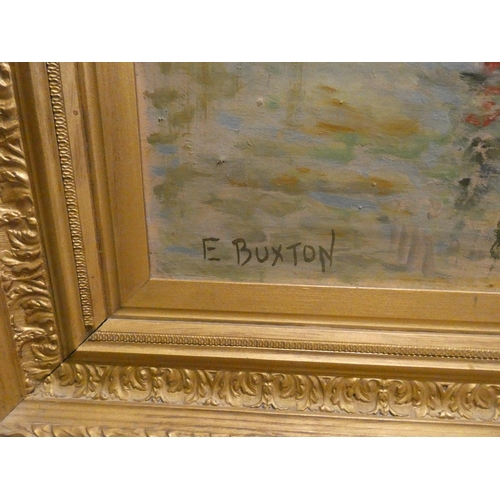 270 - E Buxton - large post impressionist oil on canvas painting of a coastal scene, signed lower left.  G... 