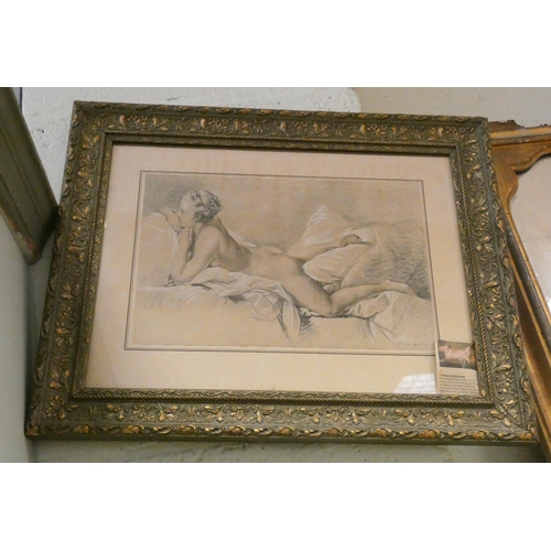 277 - An etching after Francois Boucher of a female nude and a pencil sketch still life