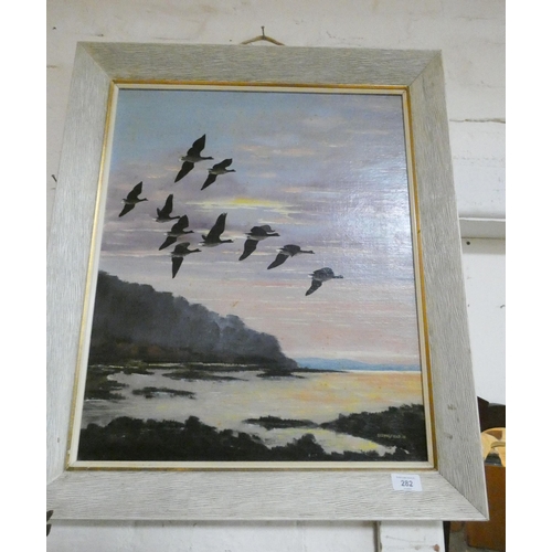 282 - Bedingfield - mid 20th century oil on board Evening Flight of Barnacle Geese, signed & dated 1961