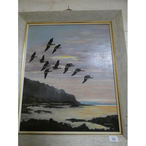 282 - Bedingfield - mid 20th century oil on board Evening Flight of Barnacle Geese, signed & dated 1961